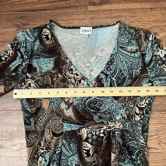 Cleo Y2K Paisley Wrap Top Brown Teal Floral Print 3/4 Sleeve Stretch Blouse S - Picture 3 of 6